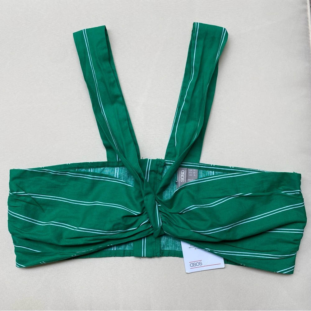 ASOS Bandeau Twist Front Crop Top US 6 Kelly Green Striped 100% Cotton NEW